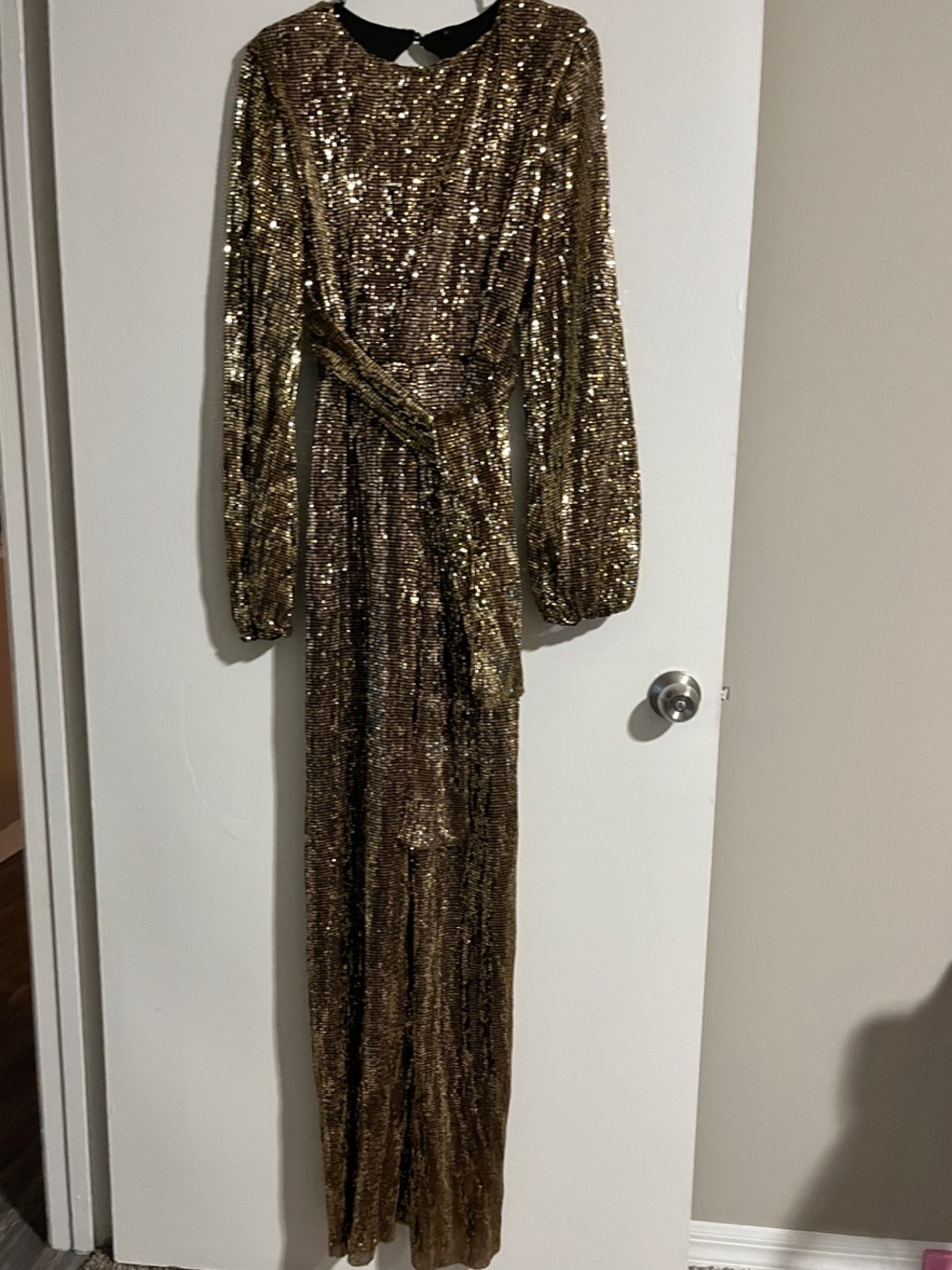 Gold Sequin Long-Sleeve Tie-Waist Jumpsuit
